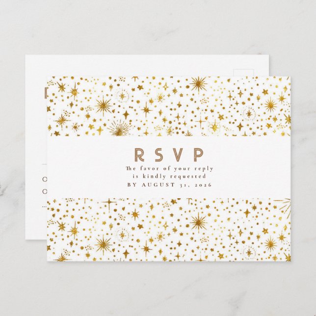 Starry Night White and Gold Wedding RSVP Postkarte (Vorne/Hinten)