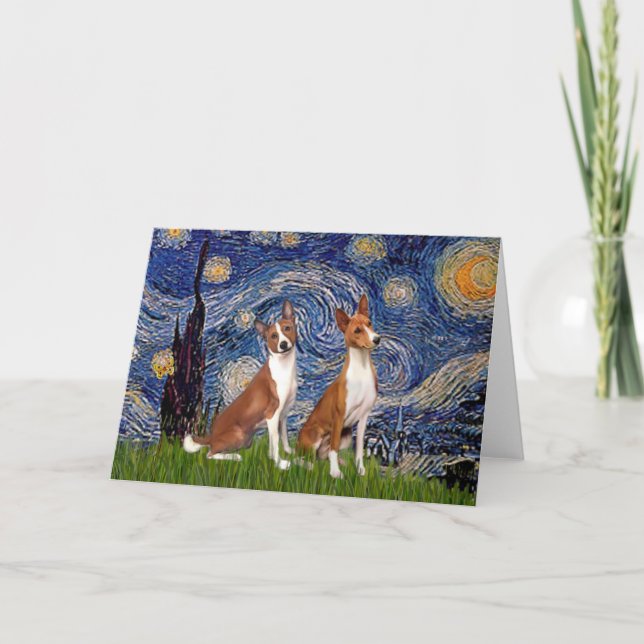 Starry Night - zwei Basenji Feiertagskarte (Vorderseite)