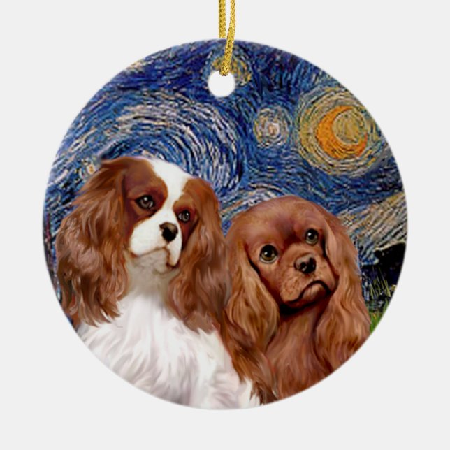 Starry Night - ZWEI Cavaliers (BL+Ruby) Keramikornament (Vorne)