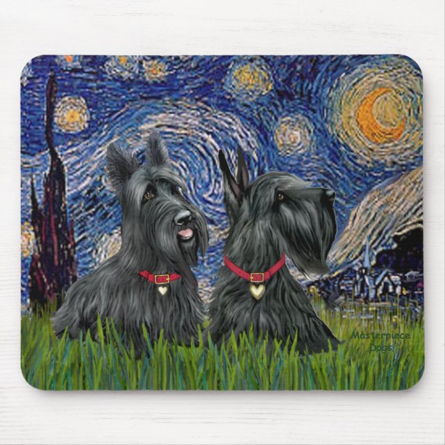 Starry Night - Zwei schottische Terrier Mousepad (Vorne)