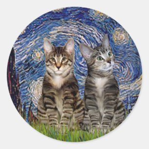 Starry Night - Zwei Tabby Tiger Katzen Runder Aufkleber