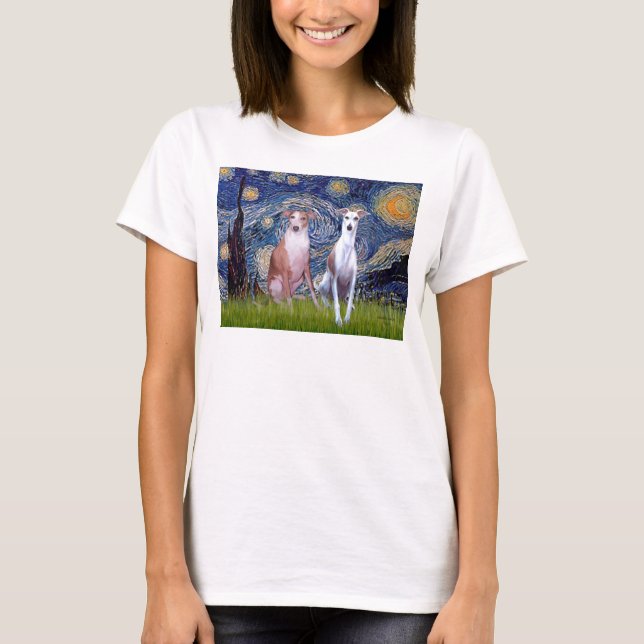 Starry Night - Zwei Whippets T-Shirt (Vorderseite)
