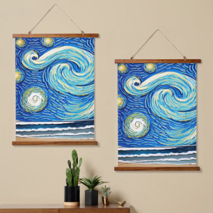 Starry Ocean Summer Beach Waves Wandteppich Mit Holzrahmen