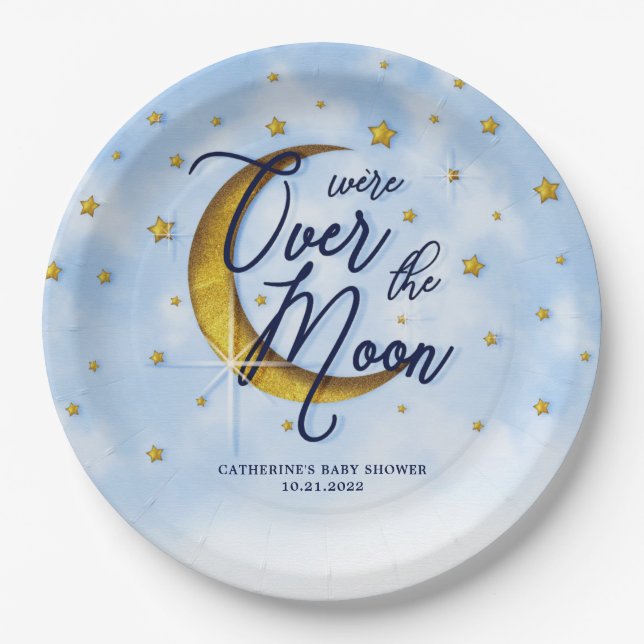 Starry Over the Moon Blue Gold Baby Dusche Pappteller (Vorderseite)