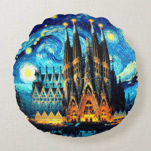 Starry Sagrada Familia Barcelona Rundes Kissen