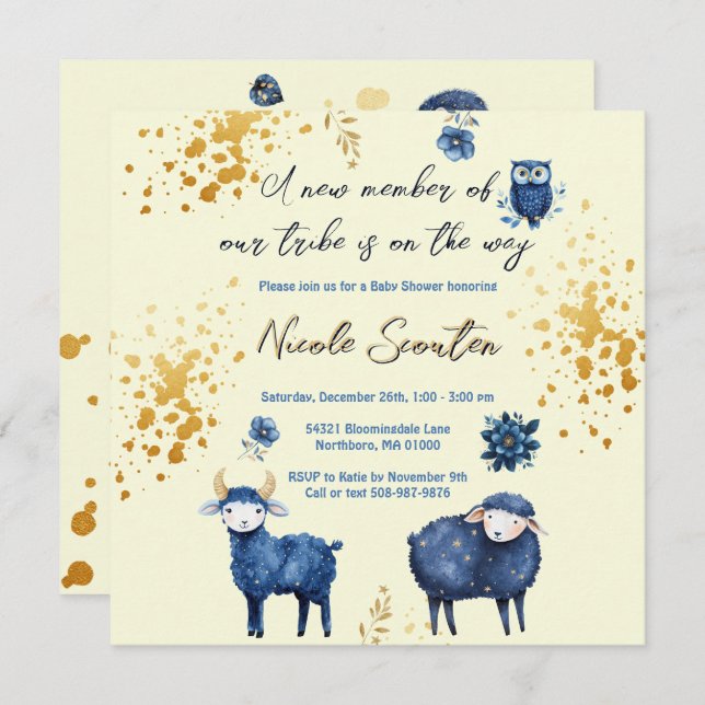Starry Sheep and Forest Friends Baby Showroom Gold Save The Date (Vorne/Hinten)