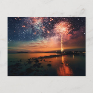 Starry Sky Fireworks Over Beach Postkarte