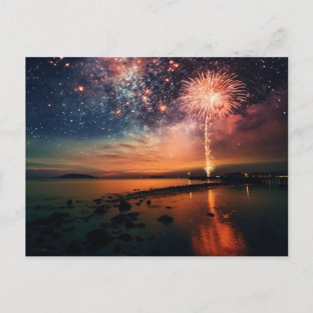 Starry Sky Fireworks Over Beach Postkarte (Vorderseite)