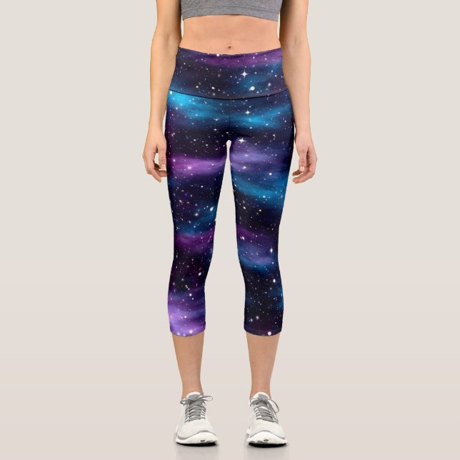 Starry Sky Galaxy Blue & Lila Capri Leggings (Vorderseite)