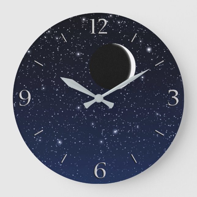 Starry Sky und Crescent Moon, Deep Blue to Black Große Wanduhr (Vorderseite)