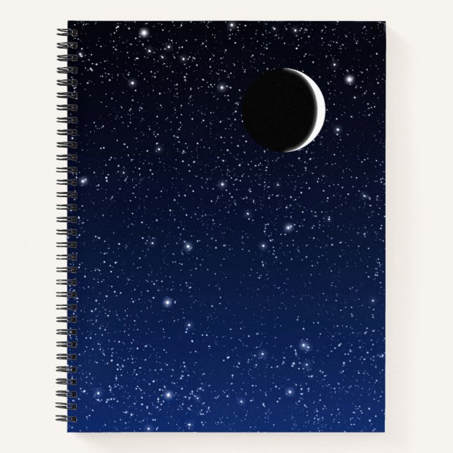 Starry Sky und Crescent Moon, Deep Blue to Black Notizbuch (Vorderseite)