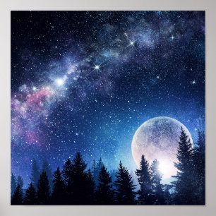 Starry Sky und Mond über einem Wald Poster