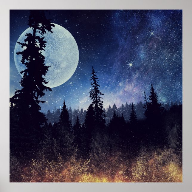 Starry Sky und Mond über einem Wald Poster (Vorne)