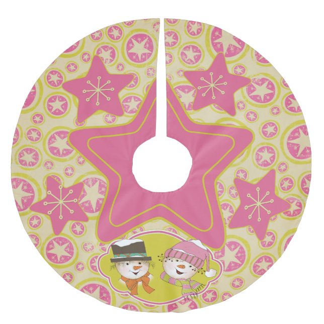 Starry Snowmen Couple Custom Holiday Tree Skirt Polyester Weihnachtsbaumdecke (Vorderseite)