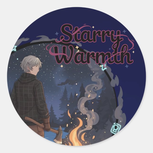 Starry Warmth - Lumberjack Anime Boy by Campfire Runder Aufkleber (Vorderseite)