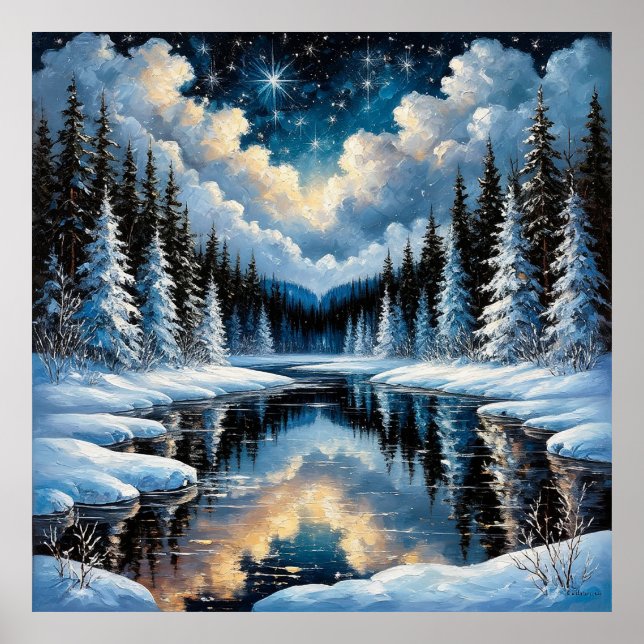 Starry Winter Landschaft mit schneebedeckten Bäume Poster (Vorne)