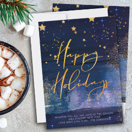 Starry Winter Night Happy Holidays Blue und Gold Feiertagskarte