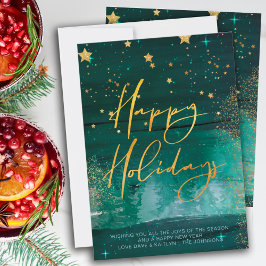 Starry Winter Night Happy Holidays Green Gold Feiertagskarte