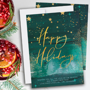Starry Winter Night Happy Holidays Green Gold Feiertagskarte