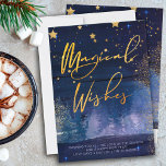 Starry Winter Night Magical wünscht Blau und Gold Feiertagskarte<br><div class="desc">Magical Magical wünscht Weihnachtskarte mit eleganter Goldskriptkalligraphie. Dieses schicke und moderne Design vereint blaue Aquarellpinselstriche, goldene Sterne, Sternenhimmel, Goldstaub und einen miesen Wald. Es ist handschriftlich mit Magischen Wünschen und die Vorlage ist Set für Sie, um Ihre personalisierte Begrüßung hinzuzufügen. Nicht-Foto-Design und einfach zu anpassen für Freunde und Familie, sowie...</div>