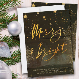 Starry Winter Night Merry and Bright Gold Script Feiertagskarte