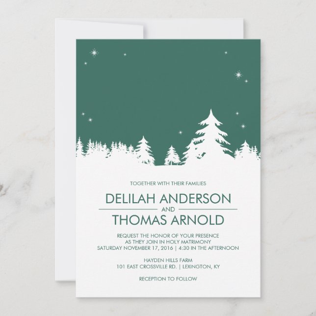 Starry Winter Nights Emerald Green Wedding Einladung (Vorderseite)