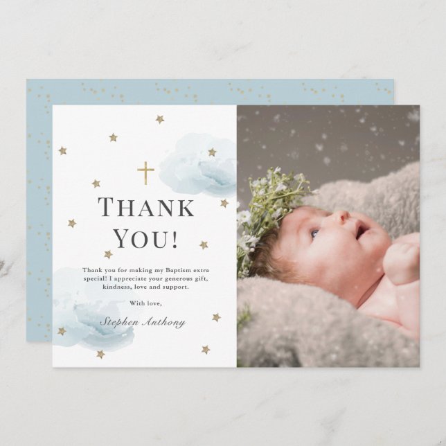 Stars Blue Clouds Foto Boy Taufe Danke Karte (Vorne/Hinten)