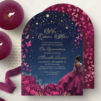 Stars Butterflies Burgundy Quinceanera Einladung