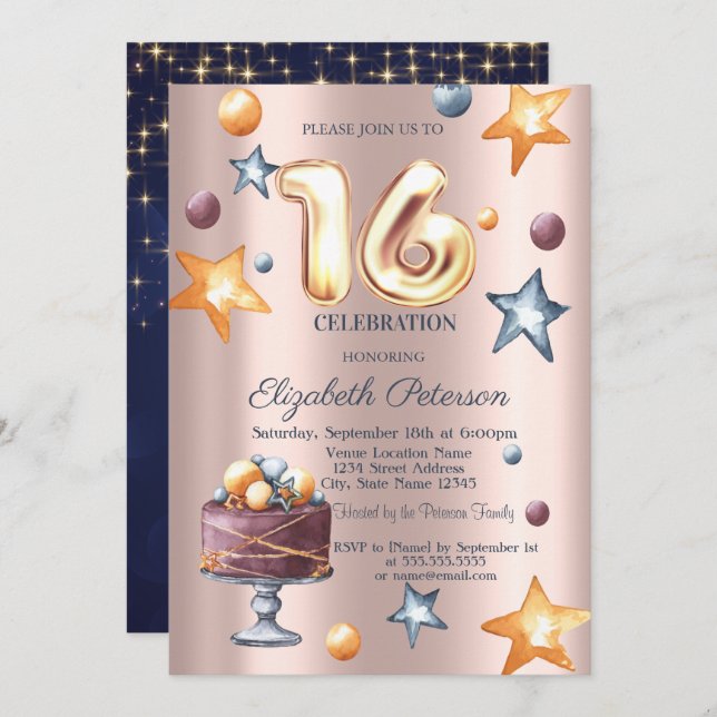 Stars Cake Navy Blue Rose Gold Sweet 16 Einladung (Vorne/Hinten)