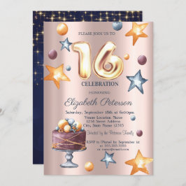 Stars Cake Navy Blue Rose Gold Sweet 16 Einladung