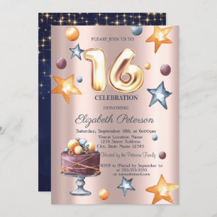 Stars Cake Navy Blue Rose Gold Sweet 16 Einladung