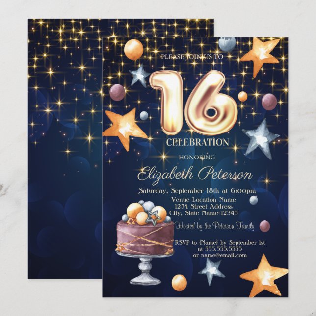 Stars Cake Navy Blue Sweet 16 Einladung (Vorne/Hinten)