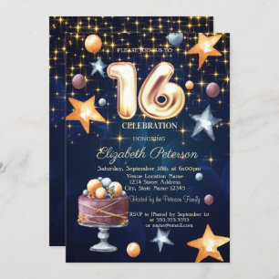Stars Cake Navy Blue Sweet 16 Einladung