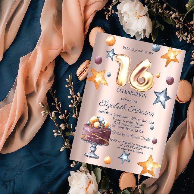 Stars Cake Rose Gold Balloons Sweet 16 Einladung (Von Creator hochgeladen)