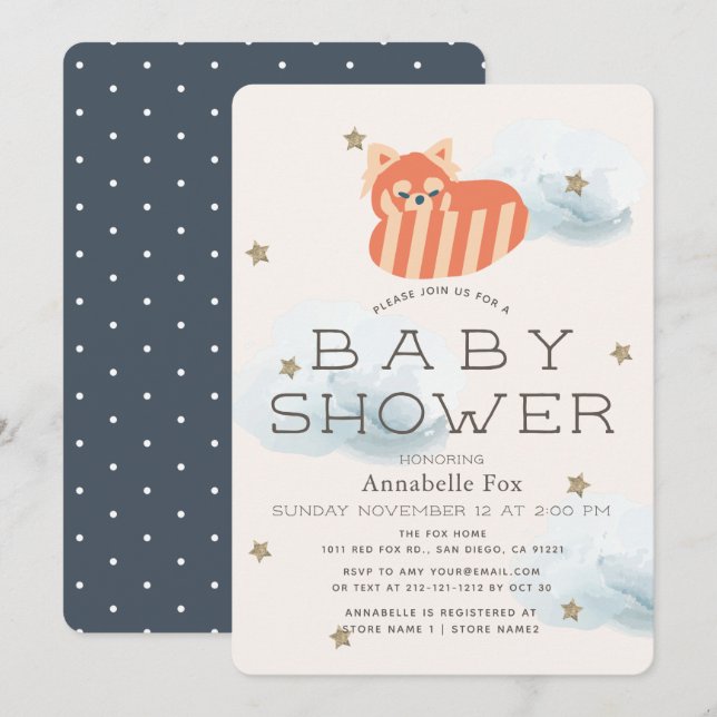 Stars & Clouds Red Panda Baby Dusche Einladung (Vorne/Hinten)