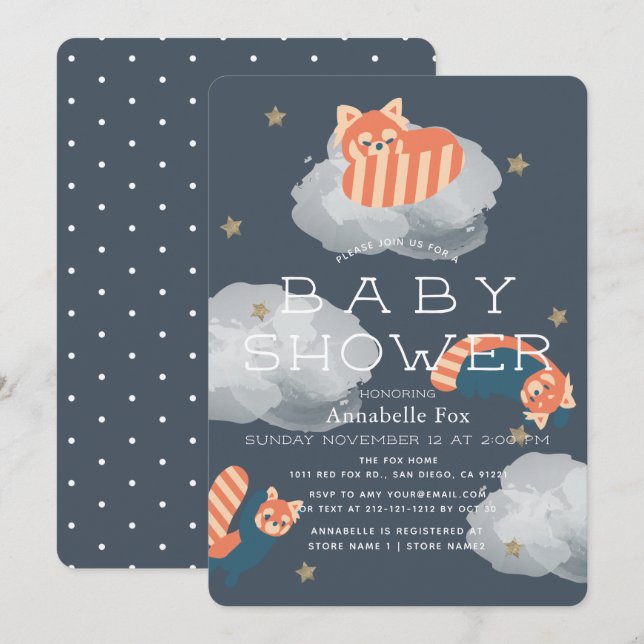 Stars & Clouds Red Pandas Baby Shower Einladung (Vorne/Hinten)