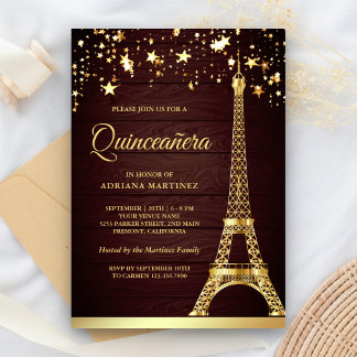 Stars Confetti Gold Foil Eiffel Tower Quinceanera Einladung