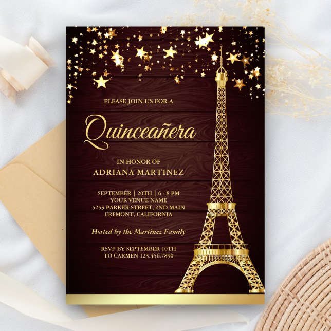 Stars Confetti Gold Foil Eiffel Tower Quinceanera Einladung (Von Creator hochgeladen)