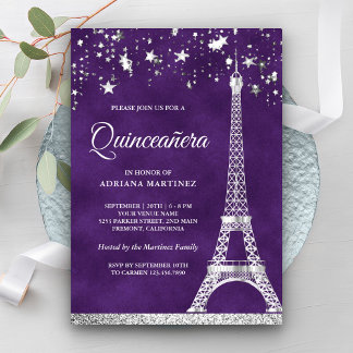 Stars Confetti Silver Eiffel Tower Quinceanera Einladung