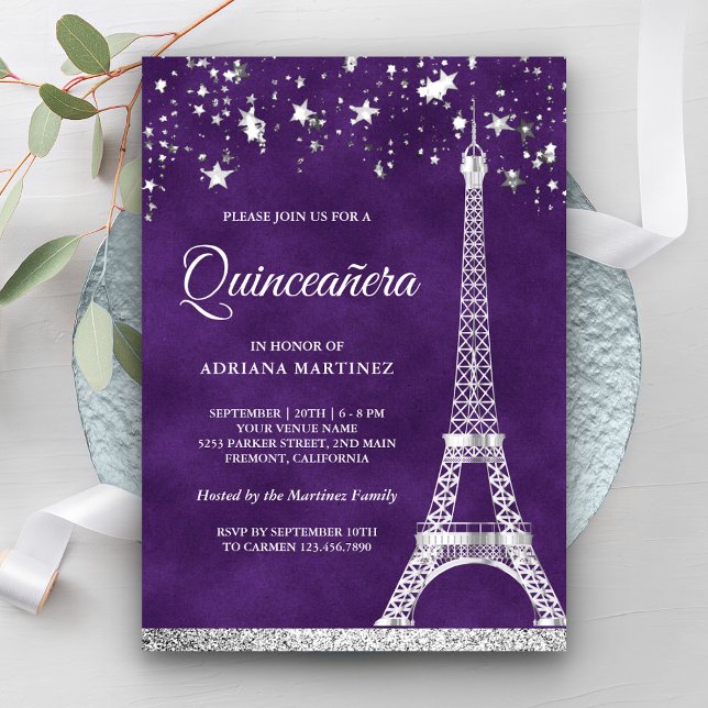 Stars Confetti Silver Eiffel Tower Quinceanera Einladung (Von Creator hochgeladen)