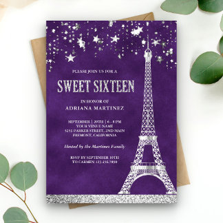 Stars Confetti Silver Eiffelturm Lila Sweet 16 Einladung