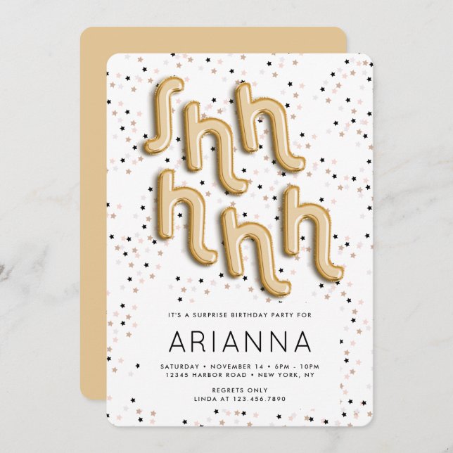 Stars in Gold Foil Ballon Typ Überraschung Geburts Einladung (Vorne/Hinten)