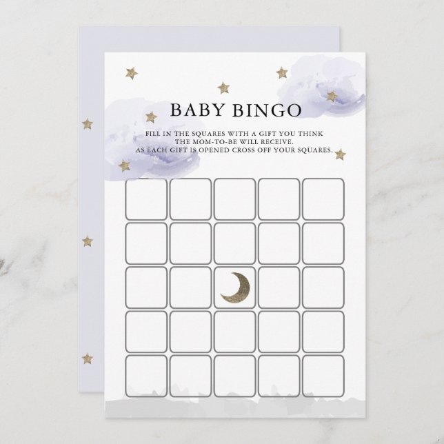 Stars Lavender Clouds Babydusche Bingo Game Card Einladung (Vorne/Hinten)