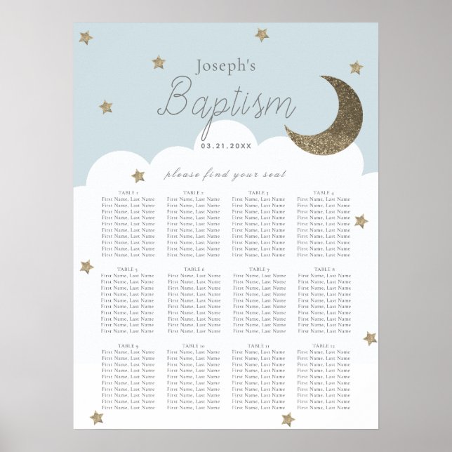 Stars & Moon Baby Blue Boy Taufplan Poster (Vorne)