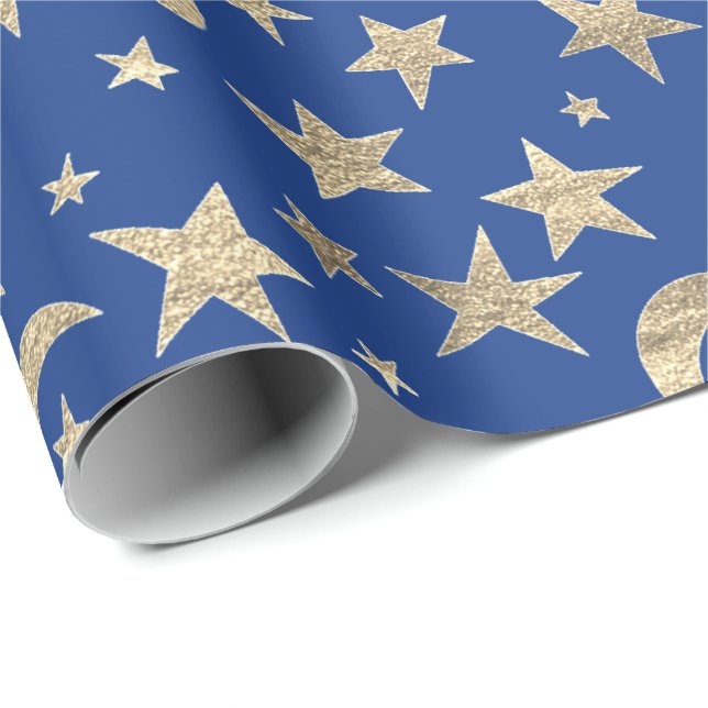 Stars Moon Blue Indigo Gold Metal Sky Champaign Geschenkpapier (Rolleneckpunkt)