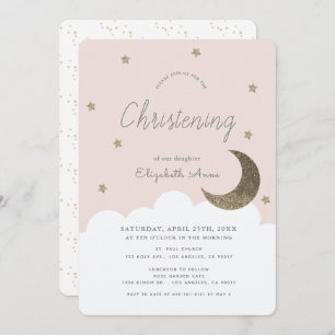 Stars & Moon Blush Pink Girl Christening Einladung