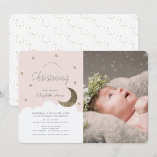 Stars & Moon Blush Pink Girl Foto Christening Einladung