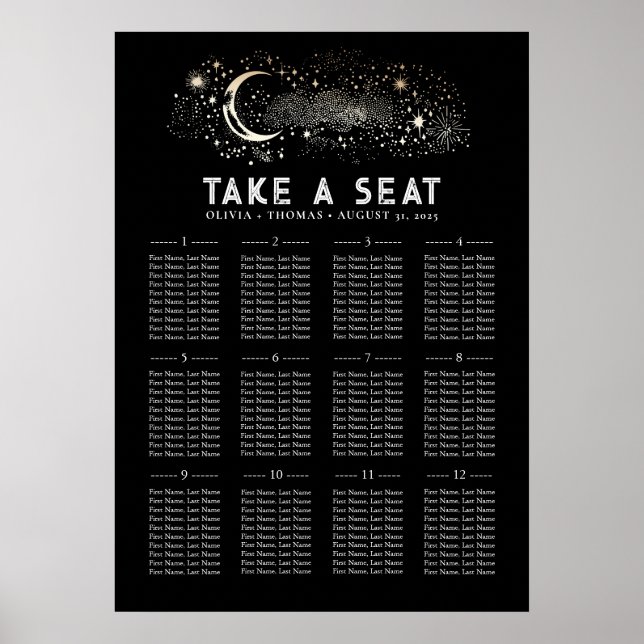 Stars Moon Celestial Black Wedding Chart Poster (Vorne)