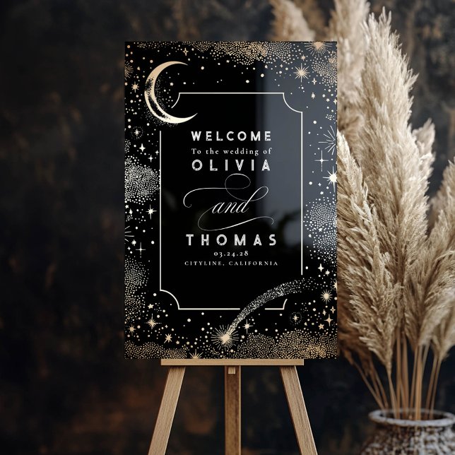 Stars Moon Celestial Black Wedding Willkommenszeic Acrylschild (Celestial Black Wedding Acrylic Welcome Sign)