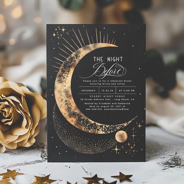 Stars Moon Celestial Night Probe Dinner Einladung (Starry Night Magical Rehearsal Dinner Invitations in Black)